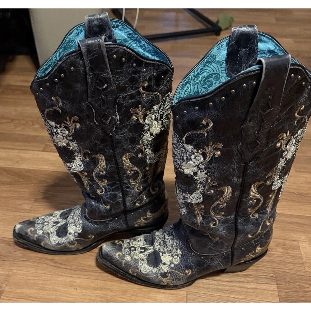 Corral Cowboy Boots Womens 9.5 Black Leather Sugar Skull Embroidered Western